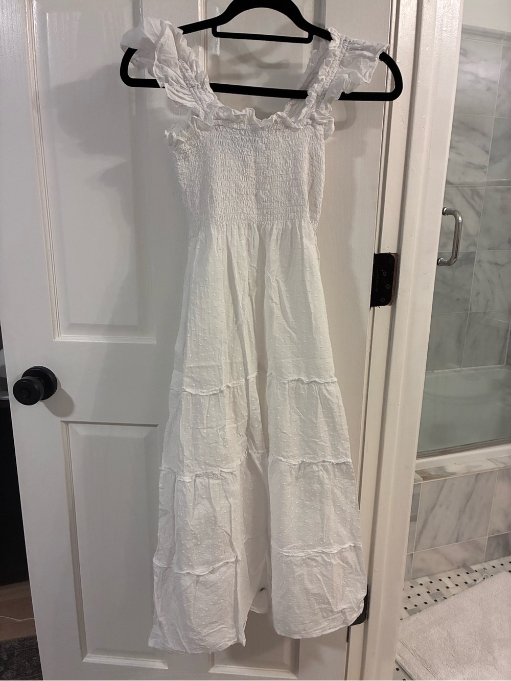 Hill House White Ruffled Smocked Midi Dress